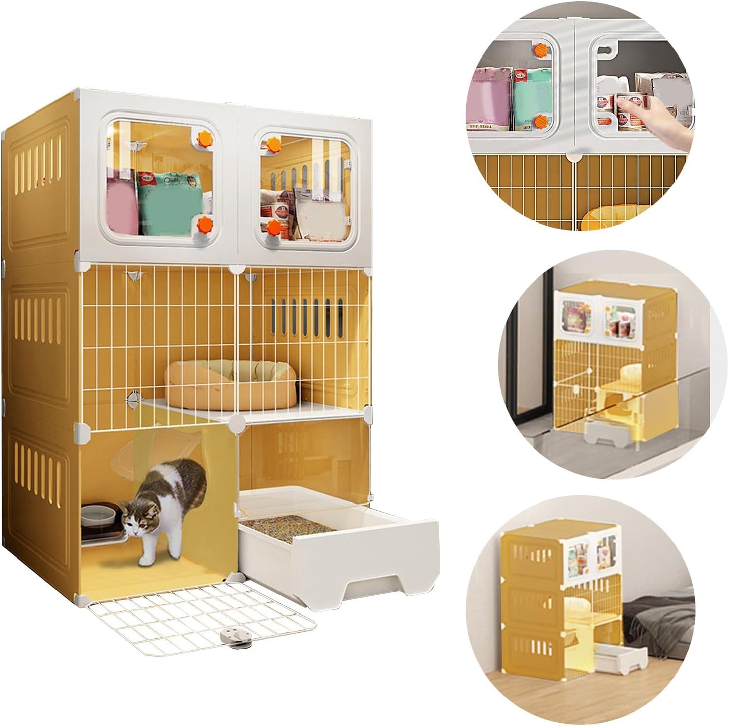 3 Tier Cat Cages Indoor with Litter Box, Bed, Scratchers, Bowl, Stairs, Cat Crate Indoor Catio, DIY Plastic Wire Cats Kennel Hammock, Indoor Pet House, Cats Litter Box for Cats Villa-Yellow