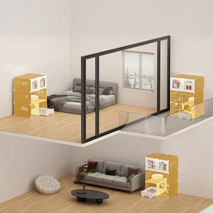 3 Tier Cat Cages Indoor with Litter Box, Bed, Scratchers, Bowl, Stairs, Cat Crate Indoor Catio, DIY Plastic Wire Cats Kennel Hammock, Indoor Pet House, Cats Litter Box for Cats Villa-Yellow