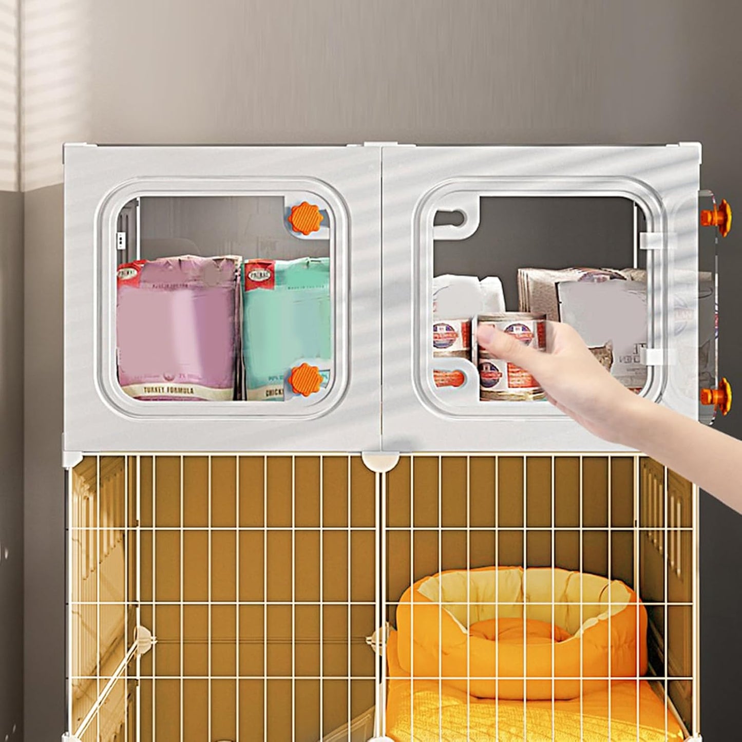 3 Tier Cat Cages Indoor with Litter Box, Bed, Scratchers, Bowl, Stairs, Cat Crate Indoor Catio, DIY Plastic Wire Cats Kennel Hammock, Indoor Pet House, Cats Litter Box for Cats Villa-Yellow