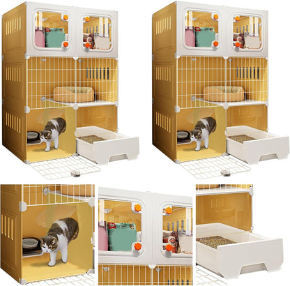 3 Tier Cat Cages Indoor with Litter Box, Bed, Scratchers, Bowl, Stairs, Cat Crate Indoor Catio, DIY Plastic Wire Cats Kennel Hammock, Indoor Pet House, Cats Litter Box for Cats Villa-Yellow