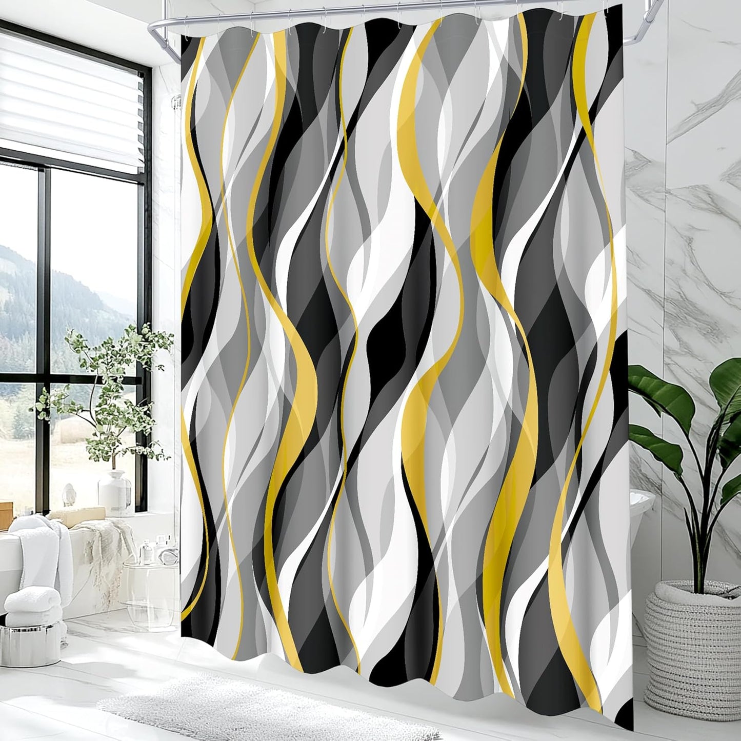 Yellow and Grey Shower Curtain for Bathroom Yellow and Black Shower Curtain Fabric Modern Abstract Striped Minimalist Bath Curtains Waterproof Shower Curtains Set, Black Gray Yellow, 72 x 72 Inch