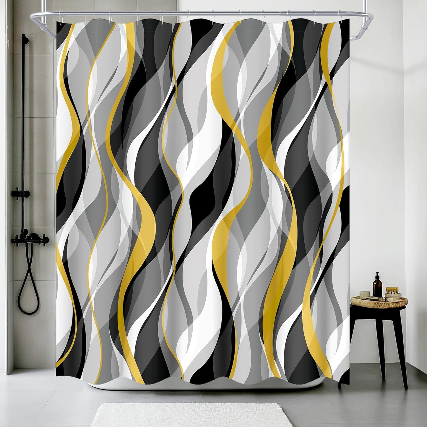 Yellow and Grey Shower Curtain for Bathroom Yellow and Black Shower Curtain Fabric Modern Abstract Striped Minimalist Bath Curtains Waterproof Shower Curtains Set, Black Gray Yellow, 72 x 72 Inch