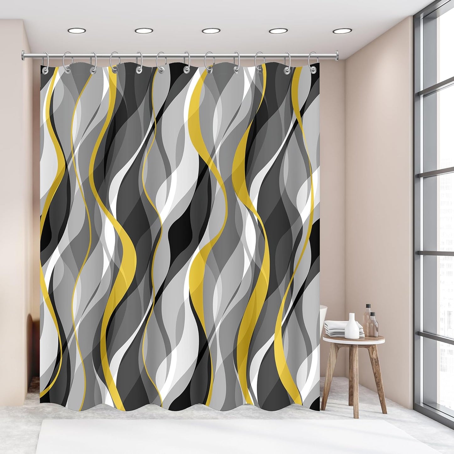 Yellow and Grey Shower Curtain for Bathroom Yellow and Black Shower Curtain Fabric Modern Abstract Striped Minimalist Bath Curtains Waterproof Shower Curtains Set, Black Gray Yellow, 72 x 72 Inch