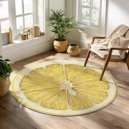 Round Washable Rugs Fruit Lemon Decor, Yellow Circle Rug for Nursery Girl, Soft Plush Area Rug Bedroom Living Room, Non-Slip Washable Floor Carpet 4 ft