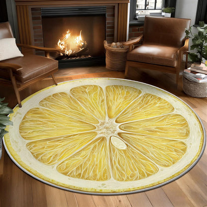 Round Washable Rugs Fruit Lemon Decor, Yellow Circle Rug for Nursery Girl, Soft Plush Area Rug Bedroom Living Room, Non-Slip Washable Floor Carpet 4 ft