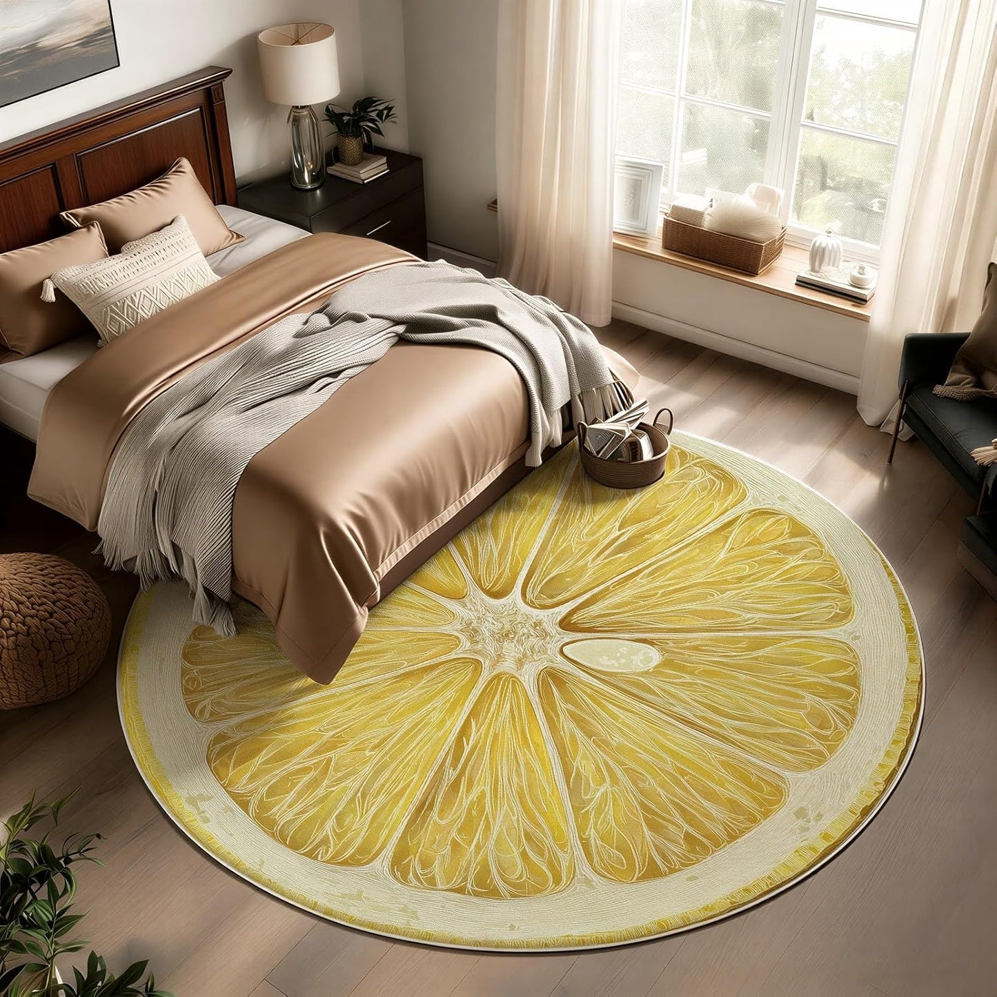 Round Washable Rugs Fruit Lemon Decor, Yellow Circle Rug for Nursery Girl, Soft Plush Area Rug Bedroom Living Room, Non-Slip Washable Floor Carpet 4 ft