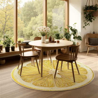 Round Washable Rugs Fruit Lemon Decor, Yellow Circle Rug for Nursery Girl, Soft Plush Area Rug Bedroom Living Room, Non-Slip Washable Floor Carpet 4 ft