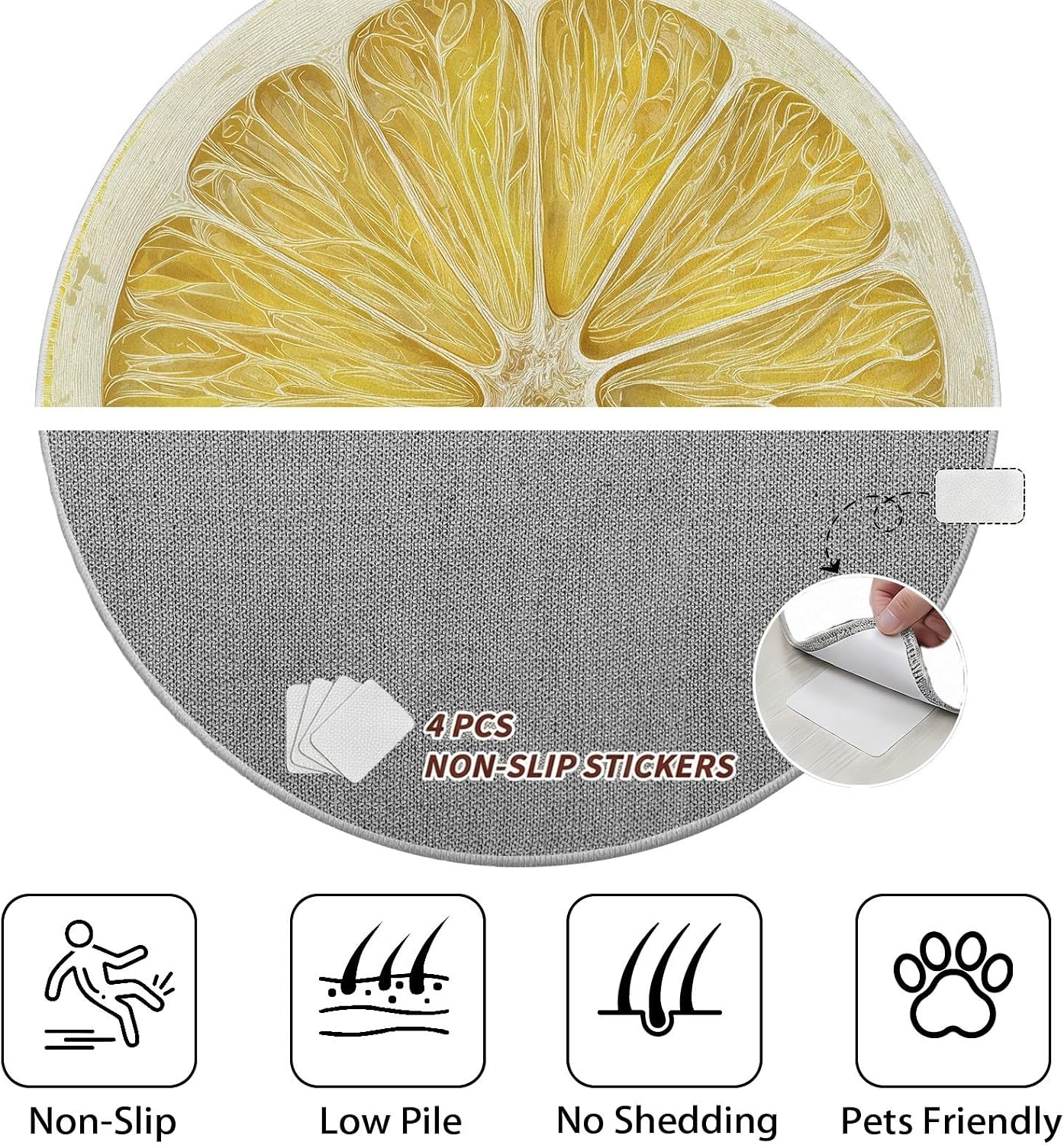 Round Washable Rugs Fruit Lemon Decor, Yellow Circle Rug for Nursery Girl, Soft Plush Area Rug Bedroom Living Room, Non-Slip Washable Floor Carpet 4 ft