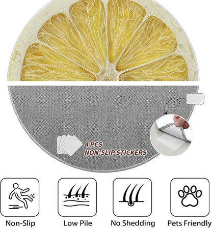 Round Washable Rugs Fruit Lemon Decor, Yellow Circle Rug for Nursery Girl, Soft Plush Area Rug Bedroom Living Room, Non-Slip Washable Floor Carpet 4 ft