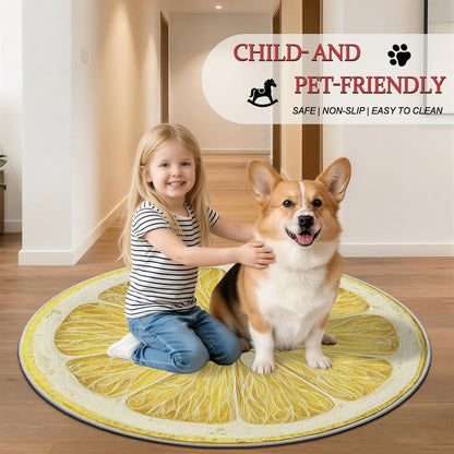 Round Washable Rugs Fruit Lemon Decor, Yellow Circle Rug for Nursery Girl, Soft Plush Area Rug Bedroom Living Room, Non-Slip Washable Floor Carpet 4 ft