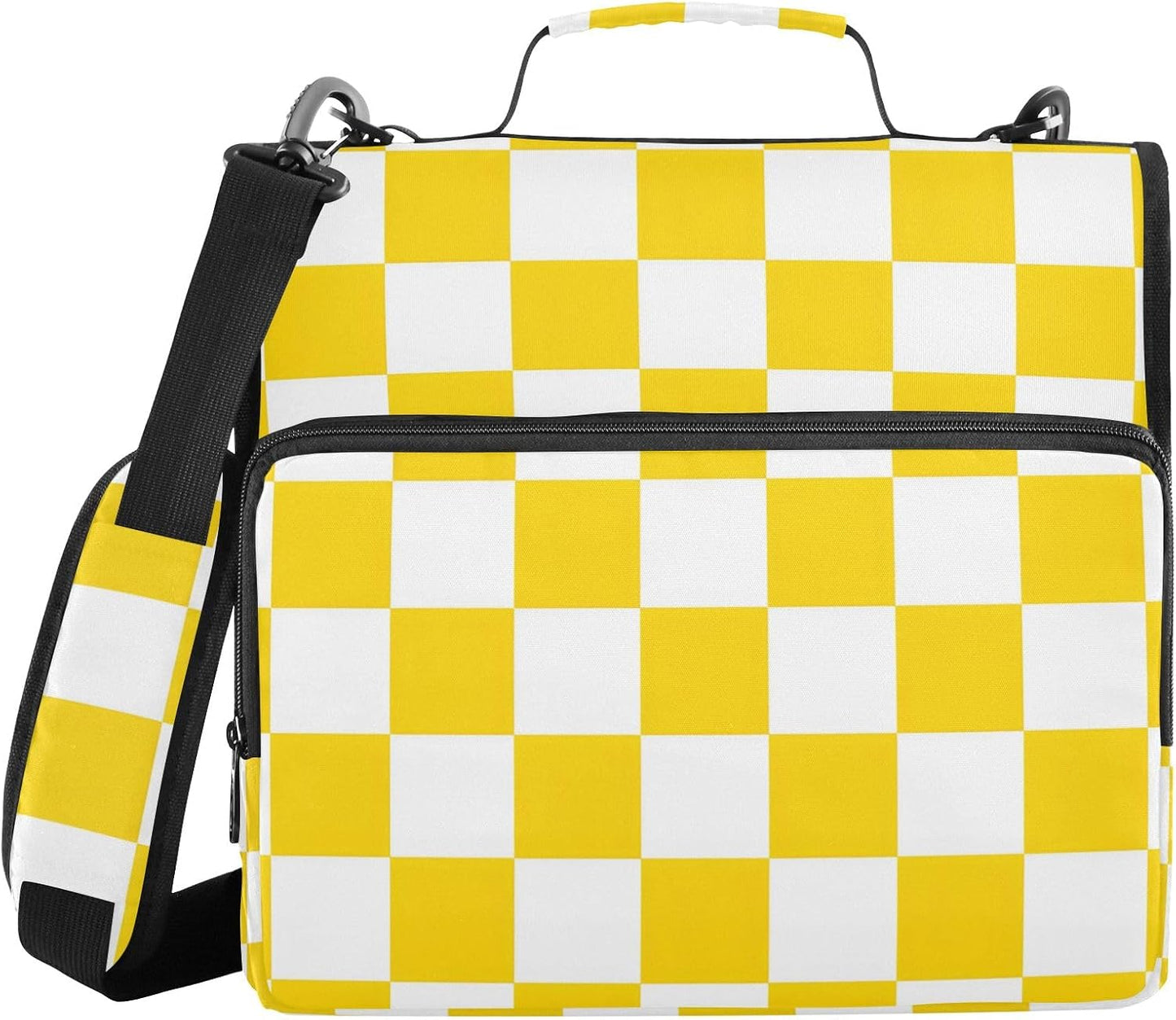 3 Ring Zipper Binder with Shoulder Strap Handle Yellow White Checkered Portfolio File Organizer Bag School Office 500 Sheets Capacity 1.5 inch Ring