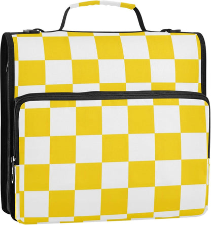 3 Ring Zipper Binder with Shoulder Strap Handle Yellow White Checkered Portfolio File Organizer Bag School Office 500 Sheets Capacity 1.5 inch Ring