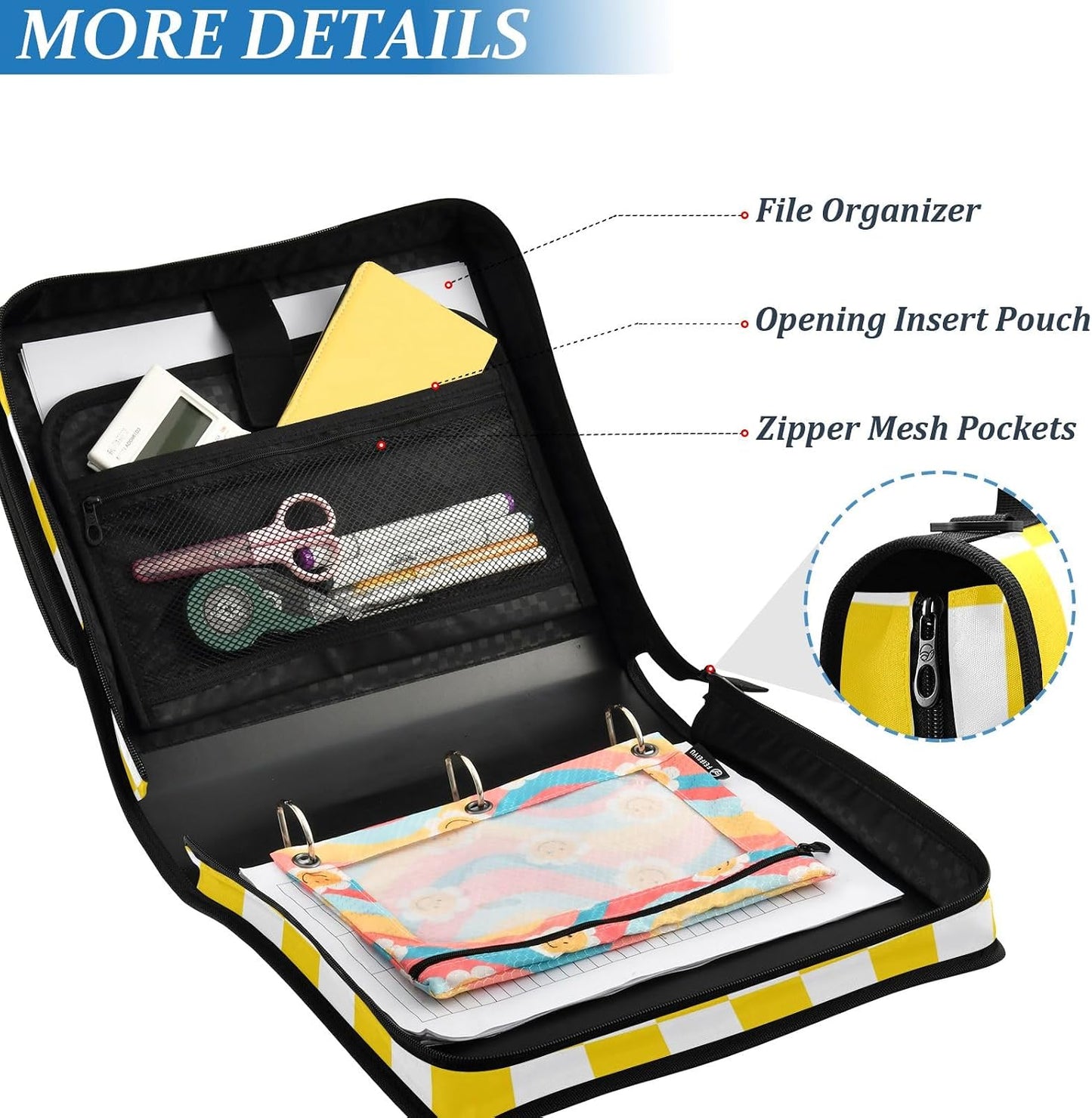 3 Ring Zipper Binder with Shoulder Strap Handle Yellow White Checkered Portfolio File Organizer Bag School Office 500 Sheets Capacity 1.5 inch Ring