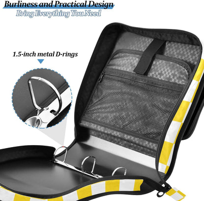 3 Ring Zipper Binder with Shoulder Strap Handle Yellow White Checkered Portfolio File Organizer Bag School Office 500 Sheets Capacity 1.5 inch Ring