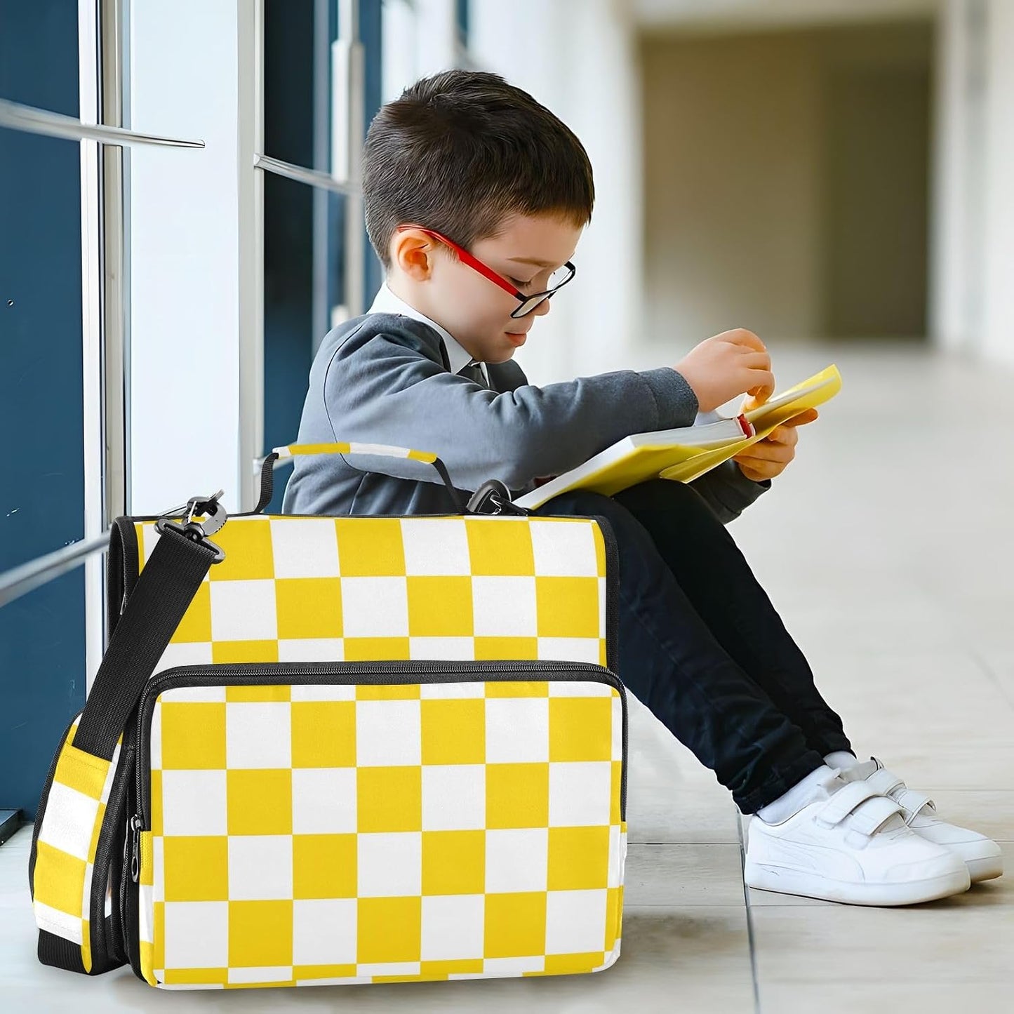 3 Ring Zipper Binder with Shoulder Strap Handle Yellow White Checkered Portfolio File Organizer Bag School Office 500 Sheets Capacity 1.5 inch Ring
