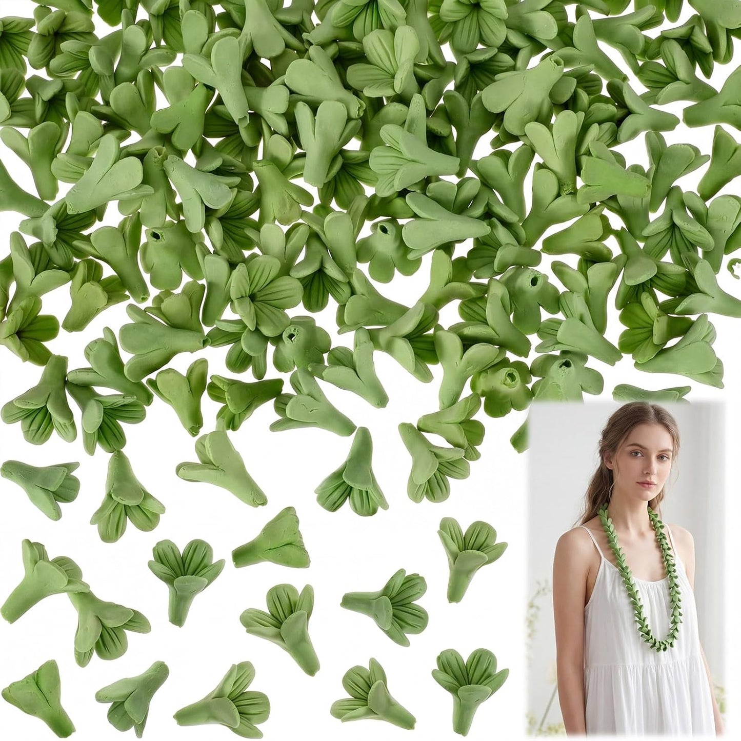 100 Pcs Pakalana Clay Flowers Beads Handmade Cowslip Creeper Clay Flower Beads with Pre-drilled Holes for Earrings Necklaces Jewelry Making Floral Creations DIY Craft Supplies (Green)