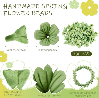 100 Pcs Pakalana Clay Flowers Beads Handmade Cowslip Creeper Clay Flower Beads with Pre-drilled Holes for Earrings Necklaces Jewelry Making Floral Creations DIY Craft Supplies (Green)