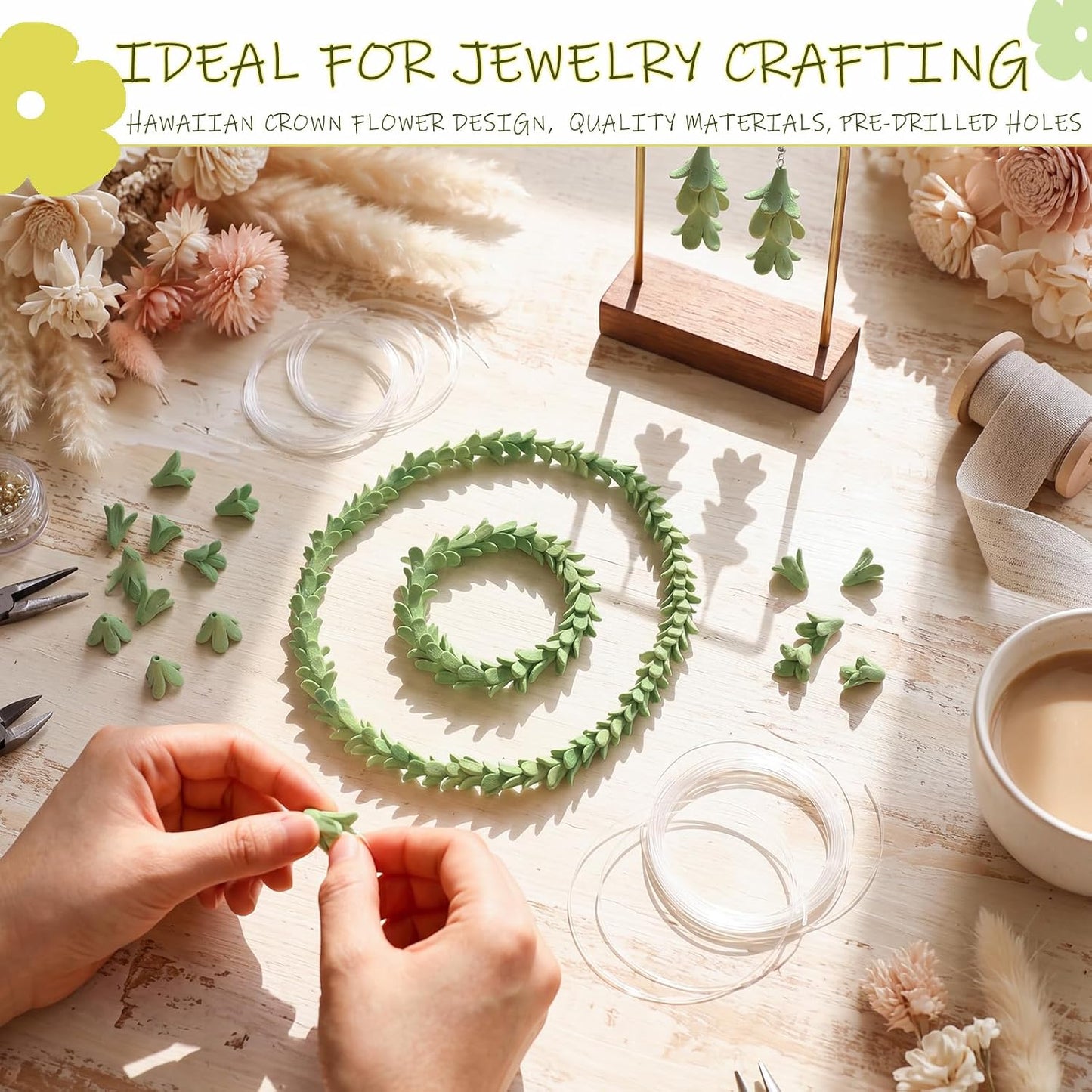 100 Pcs Pakalana Clay Flowers Beads Handmade Cowslip Creeper Clay Flower Beads with Pre-drilled Holes for Earrings Necklaces Jewelry Making Floral Creations DIY Craft Supplies (Green)