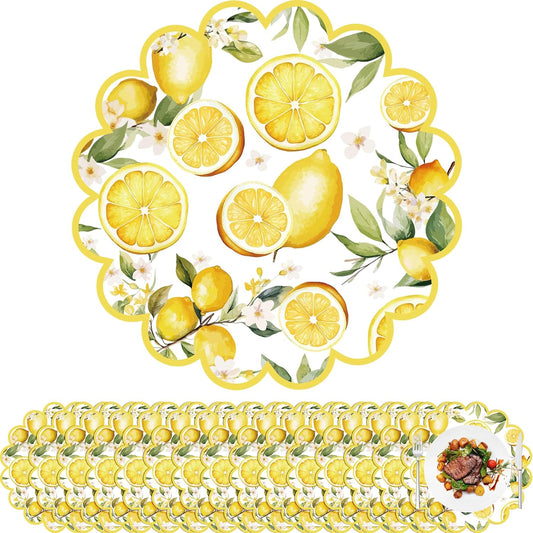 100 Pcs Lemon Paper Placemats Yellow Fruit Place Mats 13.5 Inch Disposable Round Decorative Dining Table Mats with Scalloped Edges Paper Cutouts for Spring Birthday Bridal Wedding Party Supplies