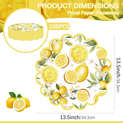 100 Pcs Lemon Paper Placemats Yellow Fruit Place Mats 13.5 Inch Disposable Round Decorative Dining Table Mats with Scalloped Edges Paper Cutouts for Spring Birthday Bridal Wedding Party Supplies