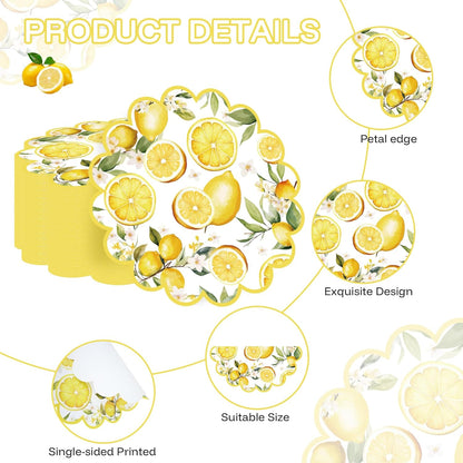 100 Pcs Lemon Paper Placemats Yellow Fruit Place Mats 13.5 Inch Disposable Round Decorative Dining Table Mats with Scalloped Edges Paper Cutouts for Spring Birthday Bridal Wedding Party Supplies