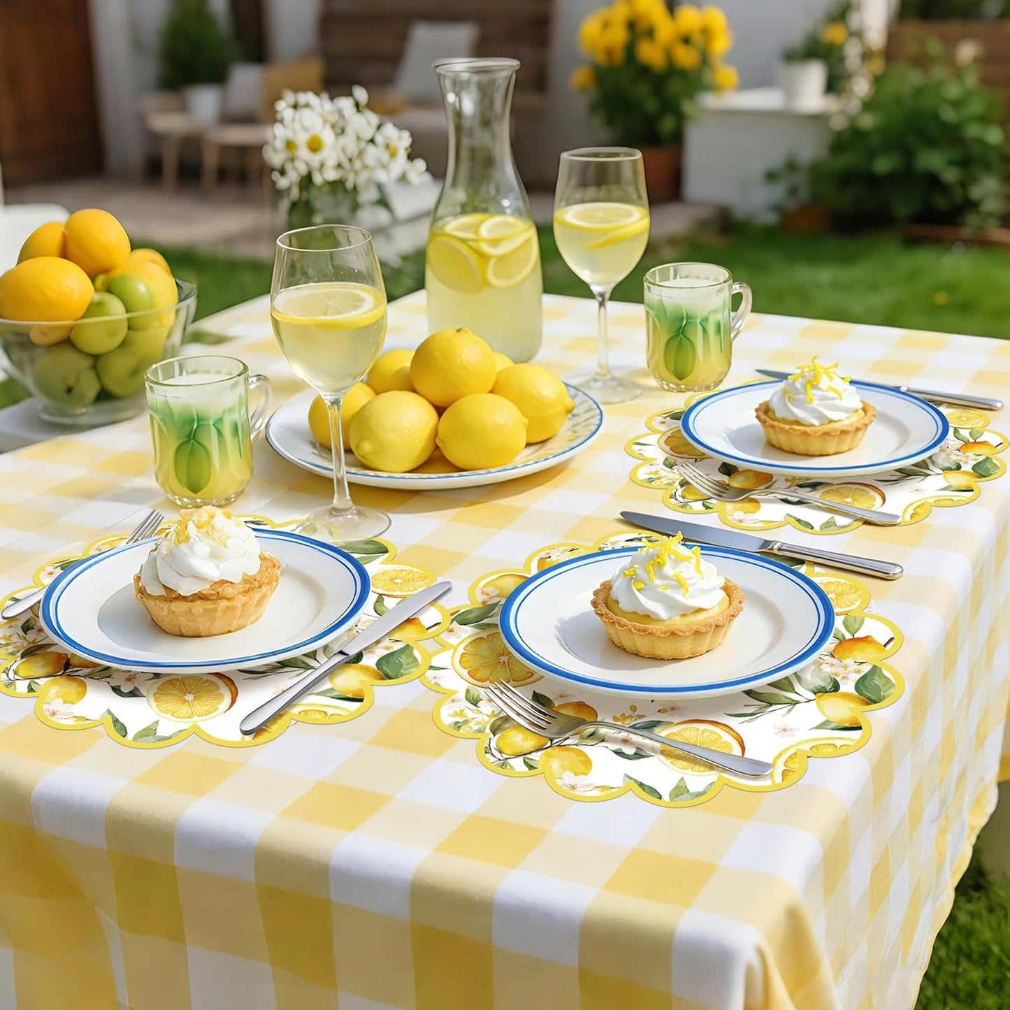 100 Pcs Lemon Paper Placemats Yellow Fruit Place Mats 13.5 Inch Disposable Round Decorative Dining Table Mats with Scalloped Edges Paper Cutouts for Spring Birthday Bridal Wedding Party Supplies