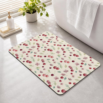 Bath Mat,Diatomaceous Earth Shower Mats Summer Cherry Harvest Flower Non-Slip Bathroom Rug Absorbent Quick Drying Diatomite Stone Door Mat,24x36in Watercolor Fruit on Light Yellow Washable Doormats