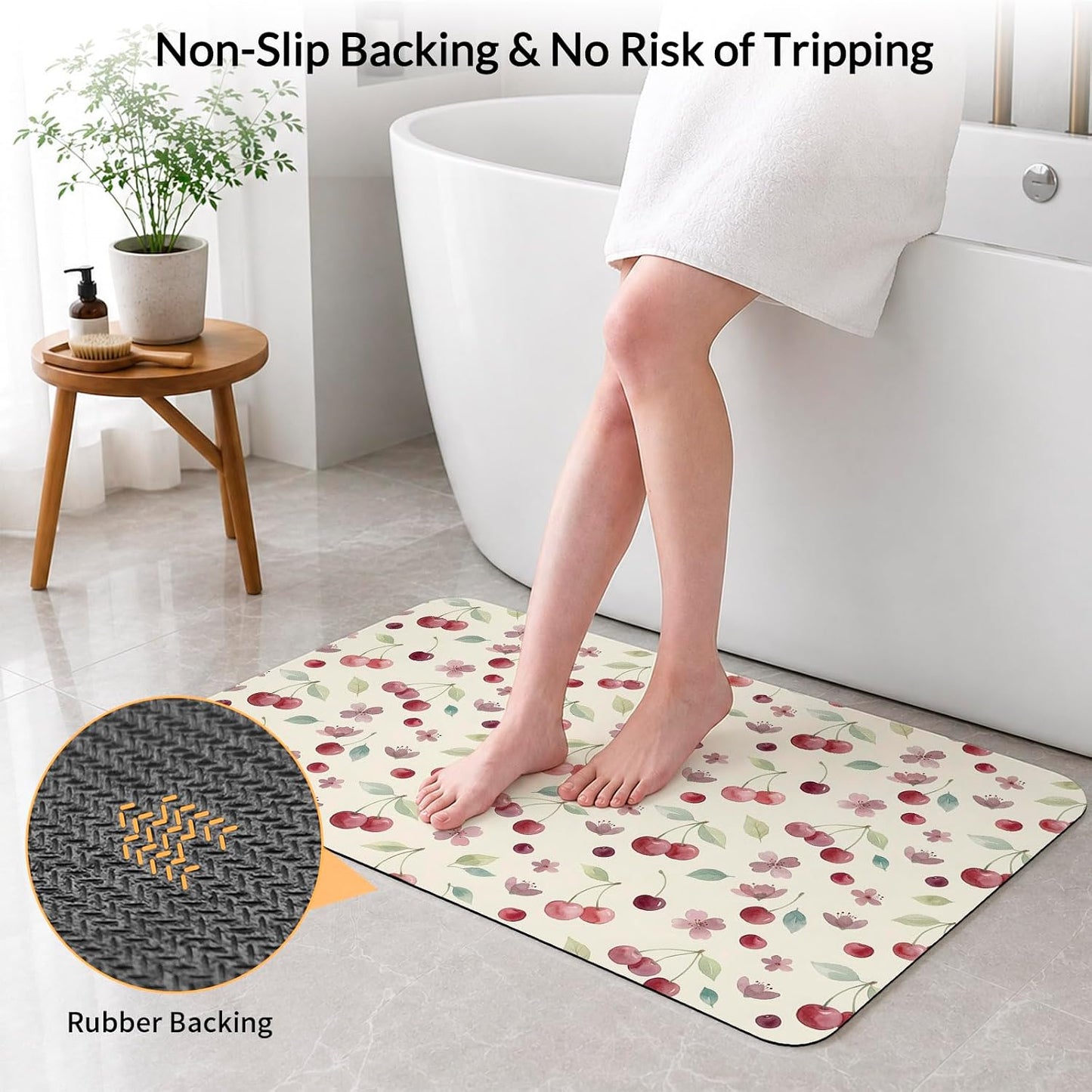 Bath Mat,Diatomaceous Earth Shower Mats Summer Cherry Harvest Flower Non-Slip Bathroom Rug Absorbent Quick Drying Diatomite Stone Door Mat,24x36in Watercolor Fruit on Light Yellow Washable Doormats