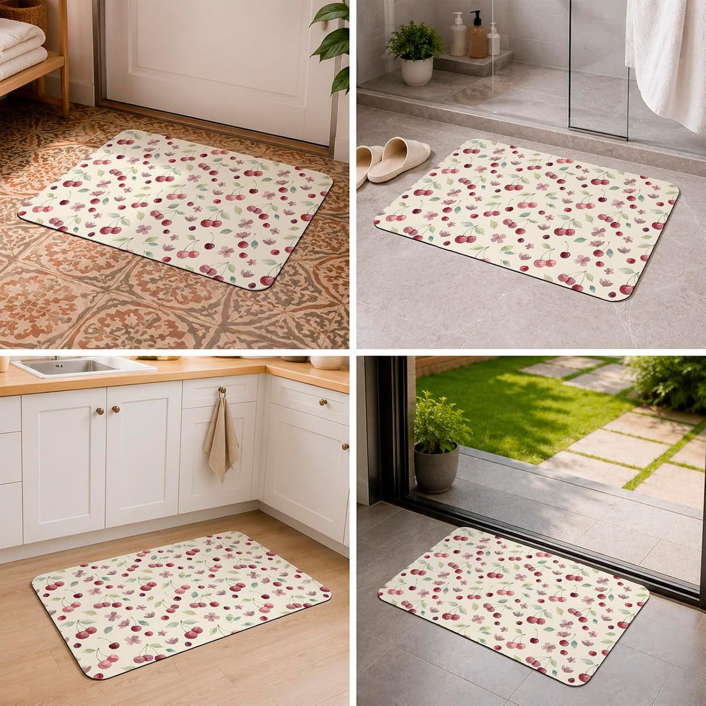 Bath Mat,Diatomaceous Earth Shower Mats Summer Cherry Harvest Flower Non-Slip Bathroom Rug Absorbent Quick Drying Diatomite Stone Door Mat,24x36in Watercolor Fruit on Light Yellow Washable Doormats