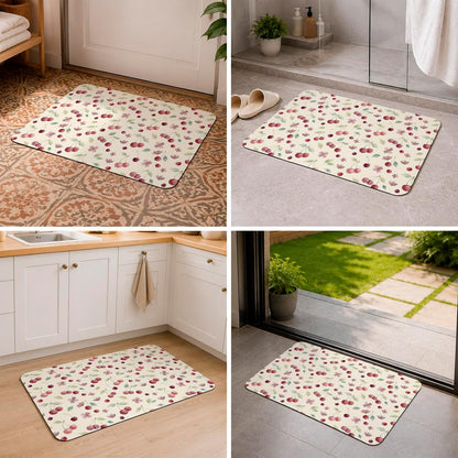 Bath Mat,Diatomaceous Earth Shower Mats Summer Cherry Harvest Flower Non-Slip Bathroom Rug Absorbent Quick Drying Diatomite Stone Door Mat,24x36in Watercolor Fruit on Light Yellow Washable Doormats