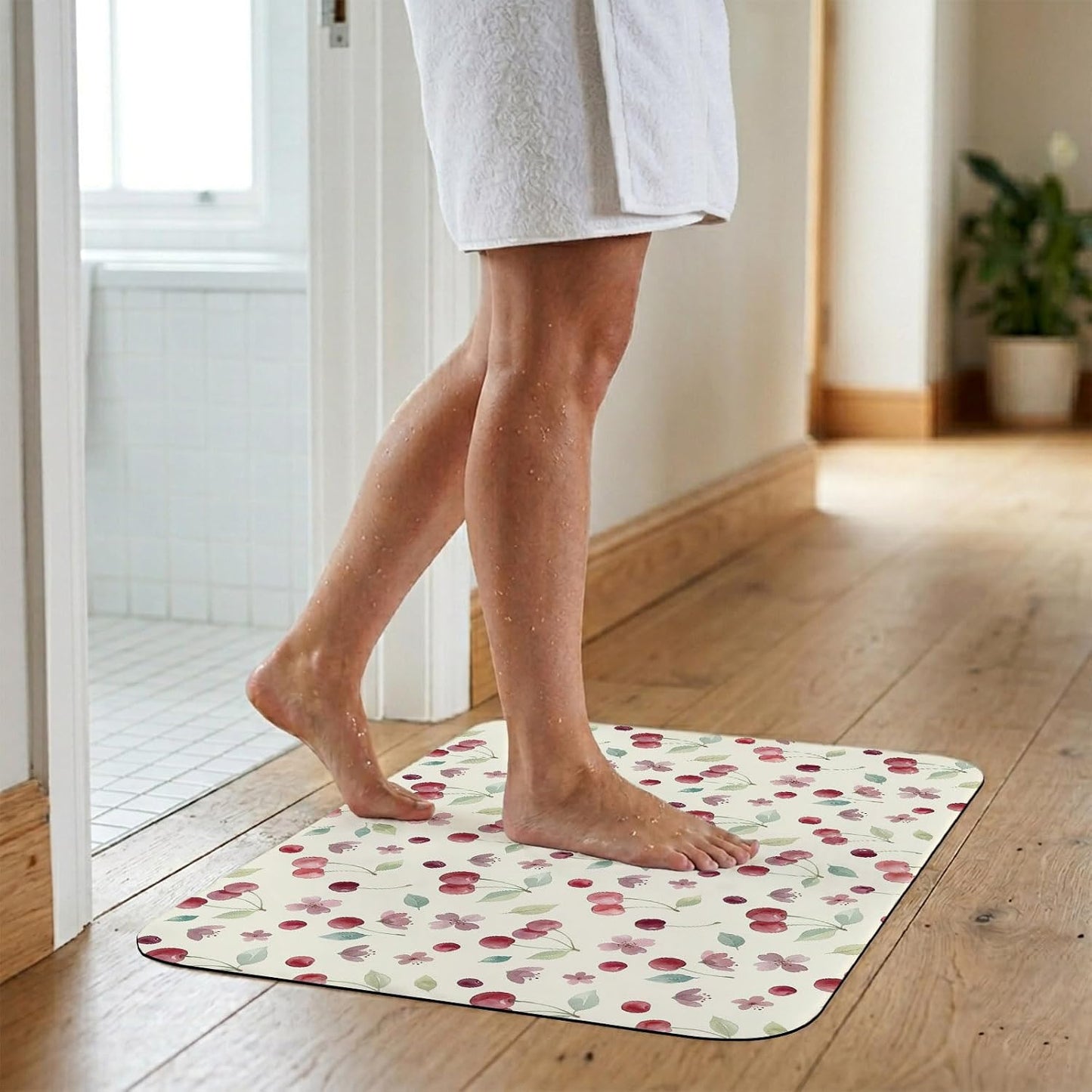 Bath Mat,Diatomaceous Earth Shower Mats Summer Cherry Harvest Flower Non-Slip Bathroom Rug Absorbent Quick Drying Diatomite Stone Door Mat,24x36in Watercolor Fruit on Light Yellow Washable Doormats