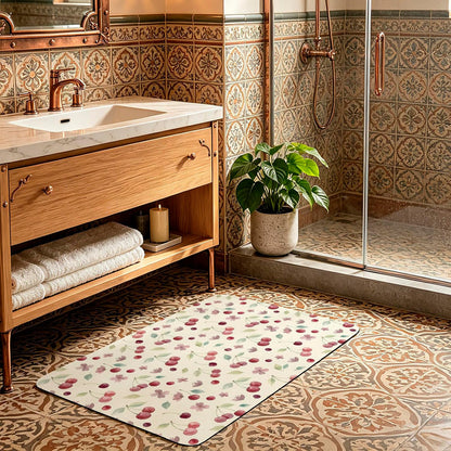 Bath Mat,Diatomaceous Earth Shower Mats Summer Cherry Harvest Flower Non-Slip Bathroom Rug Absorbent Quick Drying Diatomite Stone Door Mat,24x36in Watercolor Fruit on Light Yellow Washable Doormats