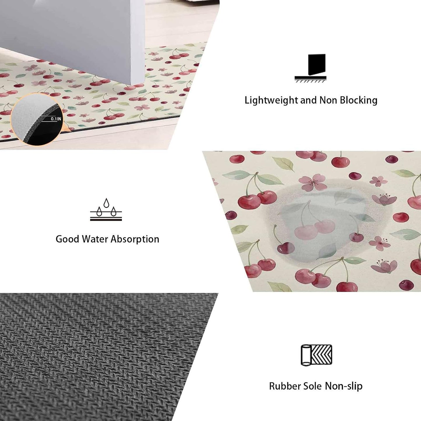 Bath Mat,Diatomaceous Earth Shower Mats Summer Cherry Harvest Flower Non-Slip Bathroom Rug Absorbent Quick Drying Diatomite Stone Door Mat,24x36in Watercolor Fruit on Light Yellow Washable Doormats