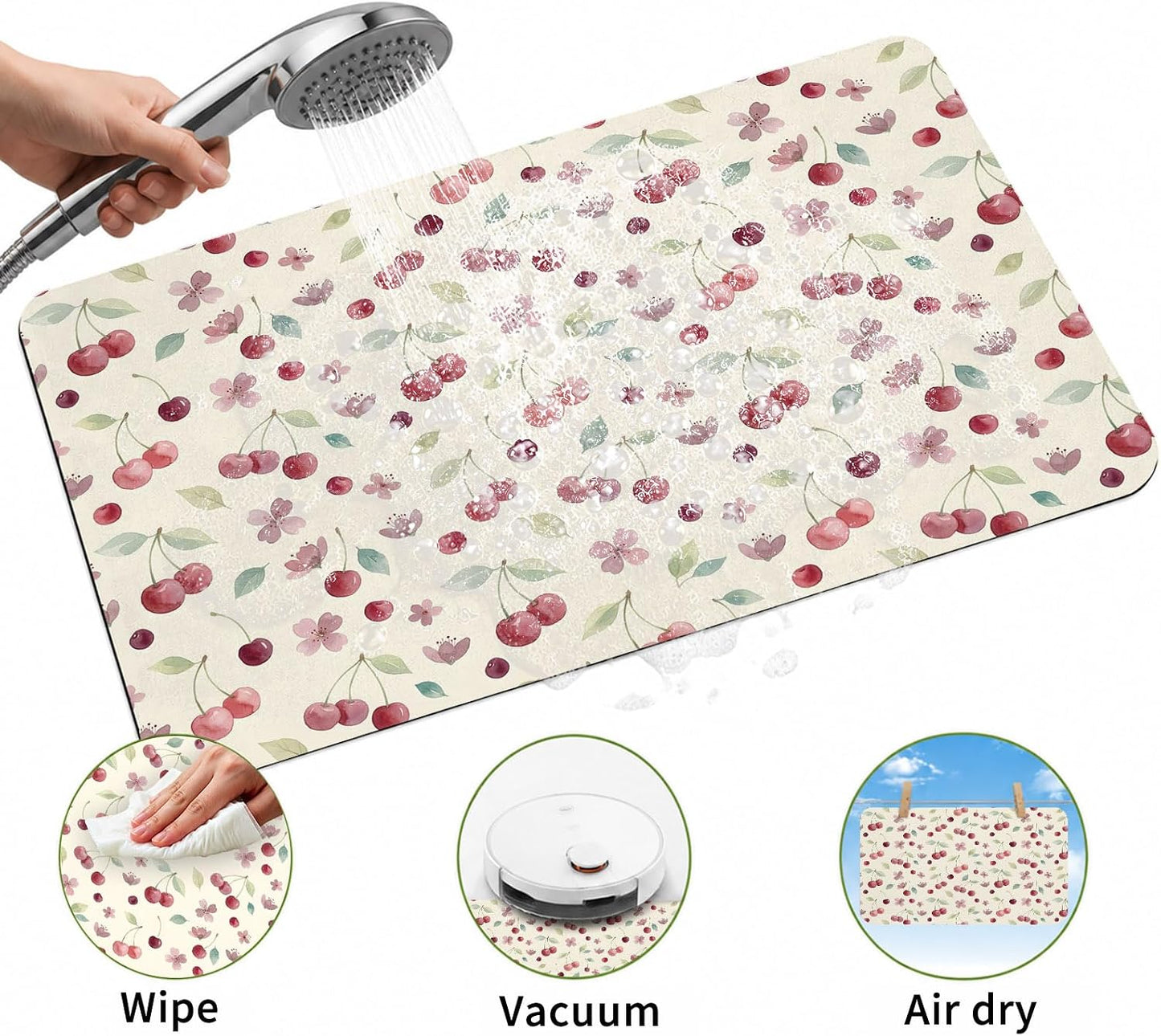 Bath Mat,Diatomaceous Earth Shower Mats Summer Cherry Harvest Flower Non-Slip Bathroom Rug Absorbent Quick Drying Diatomite Stone Door Mat,24x36in Watercolor Fruit on Light Yellow Washable Doormats