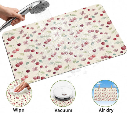 Bath Mat,Diatomaceous Earth Shower Mats Summer Cherry Harvest Flower Non-Slip Bathroom Rug Absorbent Quick Drying Diatomite Stone Door Mat,24x36in Watercolor Fruit on Light Yellow Washable Doormats