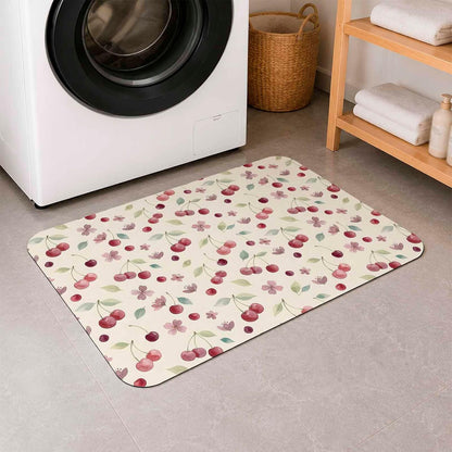 Bath Mat,Diatomaceous Earth Shower Mats Summer Cherry Harvest Flower Non-Slip Bathroom Rug Absorbent Quick Drying Diatomite Stone Door Mat,24x36in Watercolor Fruit on Light Yellow Washable Doormats