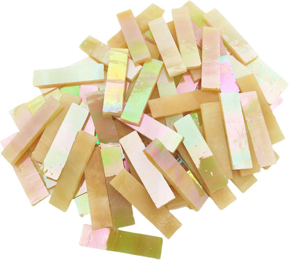 1.57" x 0.4" Rectangular Iridescent Stained Glass Strip, 7oz Glass Mosaic Tiles for DIY Crafts,Plates,Picture Frames,Flower Pots,Handmade Jewelry and More Mosaic Decorative (Iridescent Light Yellow)