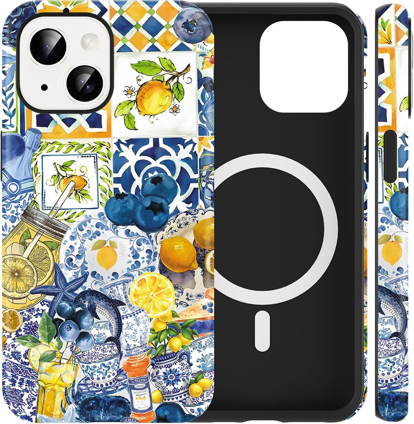Cute Summer Lemon Collage Phone Case for iPhone 15 Magnetic Case 6.1" Compatible with Magsafe, Aesthetic Blueberry Starfish Pattern 2-in-1 Cover Shockproof Slim Soft for Women Girls