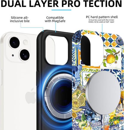 Cute Summer Lemon Collage Phone Case for iPhone 15 Magnetic Case 6.1" Compatible with Magsafe, Aesthetic Blueberry Starfish Pattern 2-in-1 Cover Shockproof Slim Soft for Women Girls