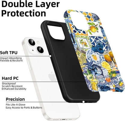 Cute Summer Lemon Collage Phone Case for iPhone 15 Magnetic Case 6.1" Compatible with Magsafe, Aesthetic Blueberry Starfish Pattern 2-in-1 Cover Shockproof Slim Soft for Women Girls