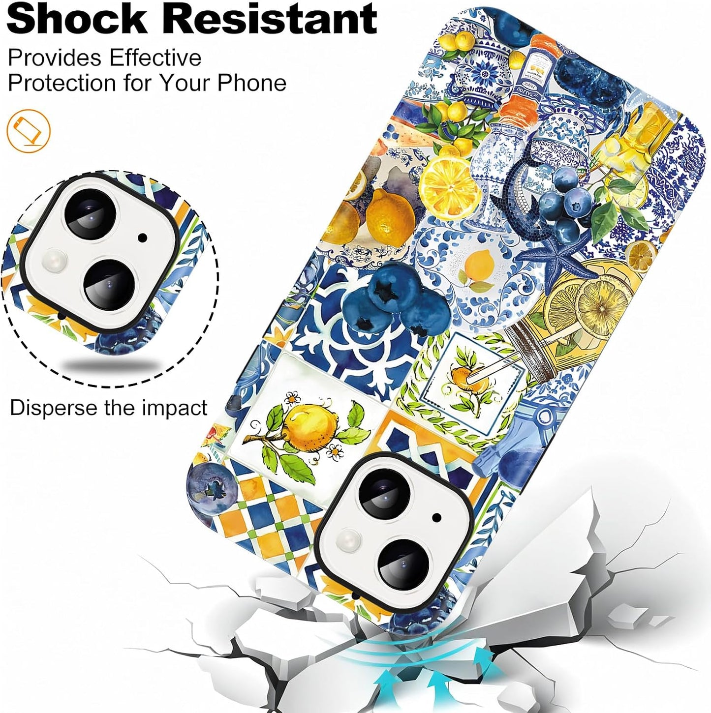 Cute Summer Lemon Collage Phone Case for iPhone 15 Magnetic Case 6.1" Compatible with Magsafe, Aesthetic Blueberry Starfish Pattern 2-in-1 Cover Shockproof Slim Soft for Women Girls