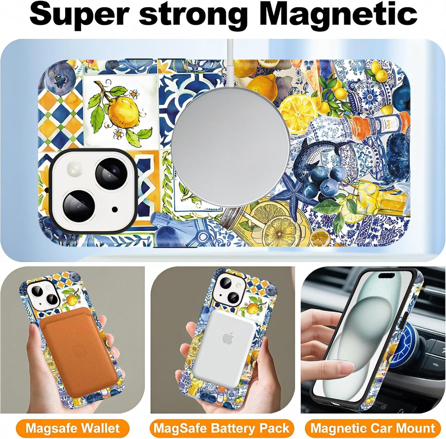 Cute Summer Lemon Collage Phone Case for iPhone 15 Magnetic Case 6.1" Compatible with Magsafe, Aesthetic Blueberry Starfish Pattern 2-in-1 Cover Shockproof Slim Soft for Women Girls