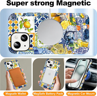 Cute Summer Lemon Collage Phone Case for iPhone 15 Magnetic Case 6.1" Compatible with Magsafe, Aesthetic Blueberry Starfish Pattern 2-in-1 Cover Shockproof Slim Soft for Women Girls