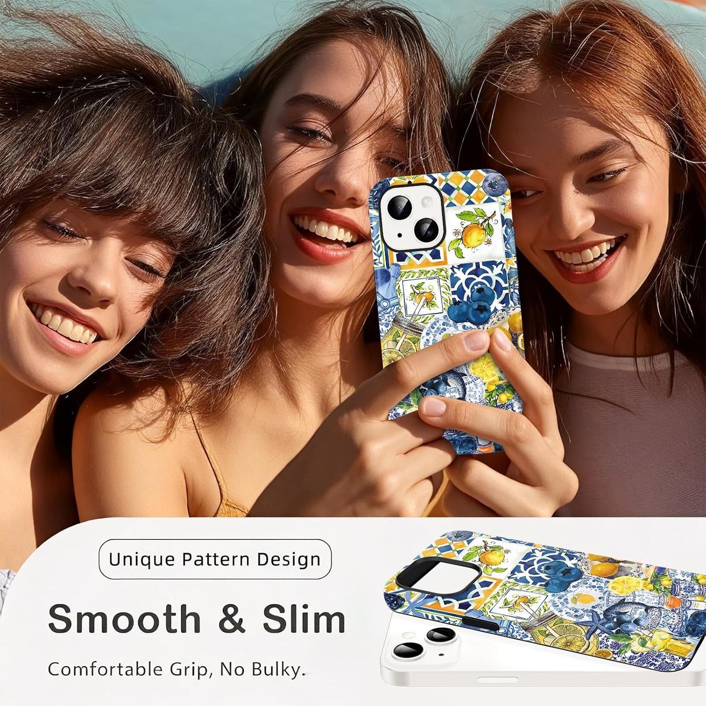 Cute Summer Lemon Collage Phone Case for iPhone 15 Magnetic Case 6.1" Compatible with Magsafe, Aesthetic Blueberry Starfish Pattern 2-in-1 Cover Shockproof Slim Soft for Women Girls