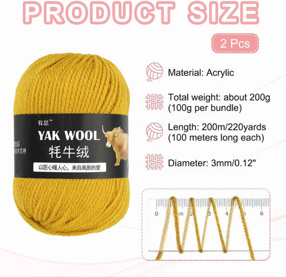 2PCS Crocheting Yarn,Yellow 3 Ply Wool Yarn 200g Sport Weight Yarns Bulk Soft and Fluffy Yarns for Knitting DIY Crochet Handicraft Blankets Hat Sweater Gift,220 Yards