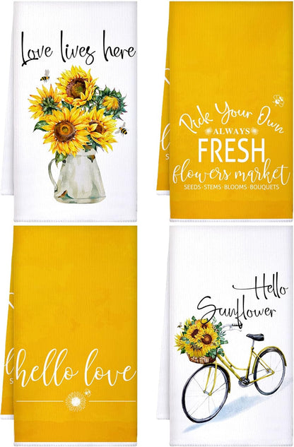 4 Pcs Floral Kitchen Towels Flower Dish Towels Spring Kitchen Decor Sets for Cooking Baking Grilling Bathroom(Yellow,Sunflower)
