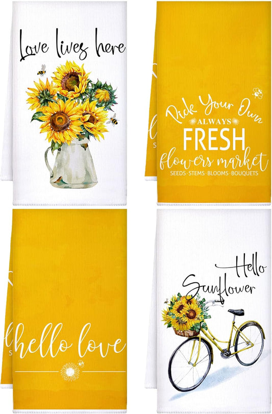 4 Pcs Floral Kitchen Towels Flower Dish Towels Spring Kitchen Decor Sets for Cooking Baking Grilling Bathroom(Yellow,Sunflower)