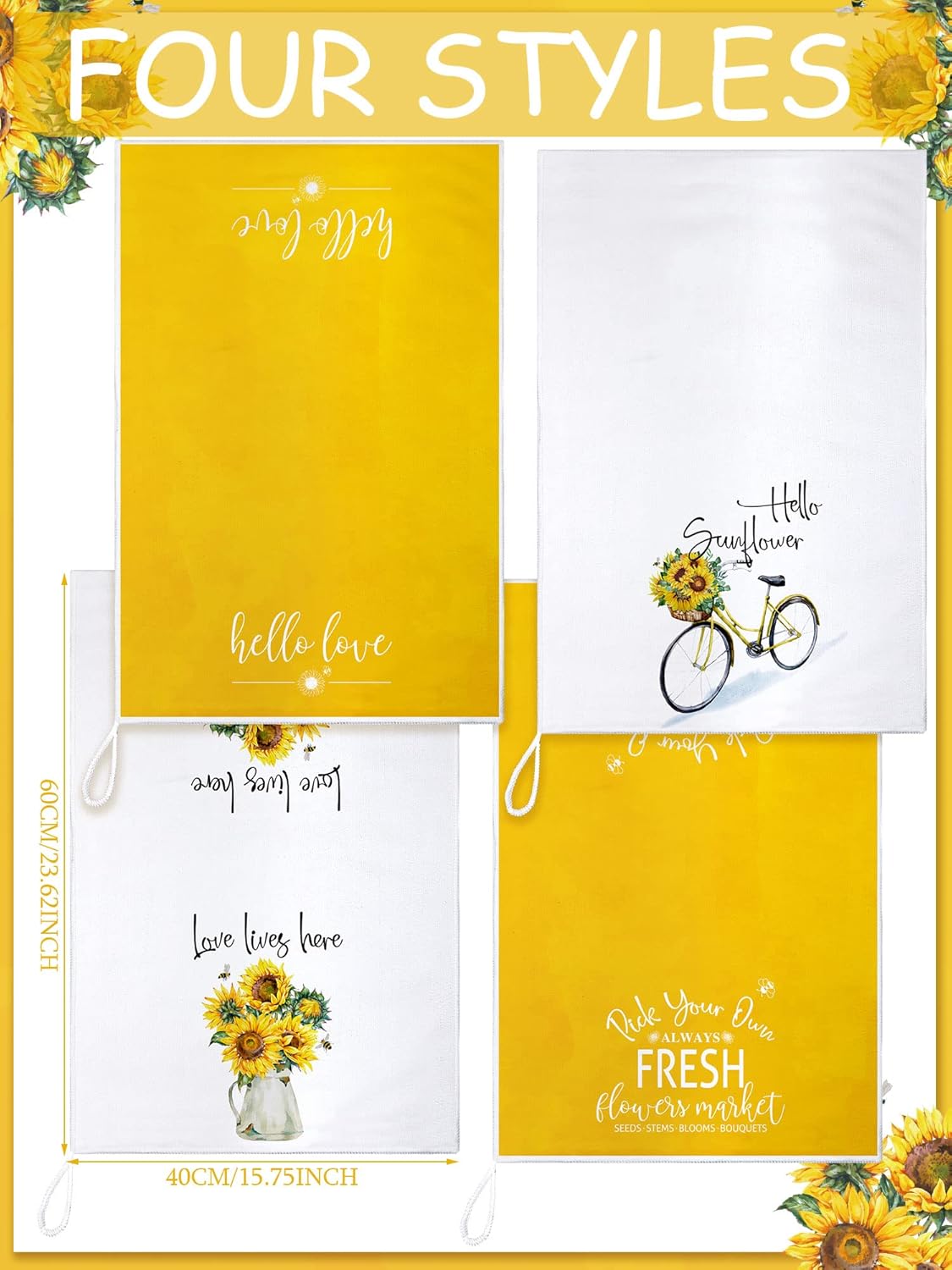 4 Pcs Floral Kitchen Towels Flower Dish Towels Spring Kitchen Decor Sets for Cooking Baking Grilling Bathroom(Yellow,Sunflower)