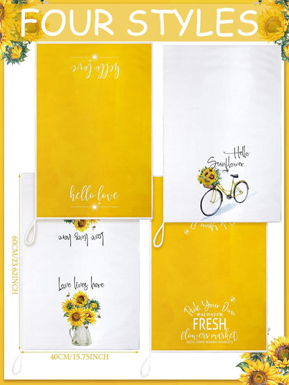 4 Pcs Floral Kitchen Towels Flower Dish Towels Spring Kitchen Decor Sets for Cooking Baking Grilling Bathroom(Yellow,Sunflower)