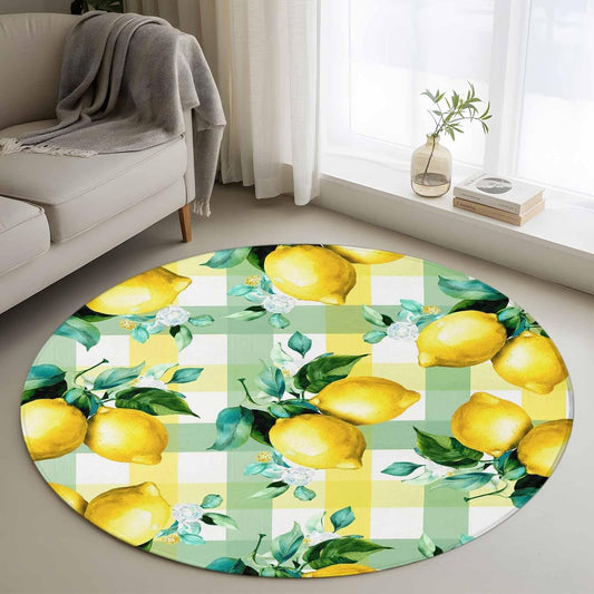 Round Area Rug 3ft, Summer Lemon Fruit Green Leaf Non-Shedding Washable Area Rug, Light Yellow Green Check Non Slip Low-Profile Circle Rugs for Living Room, Bedroom Dining Room